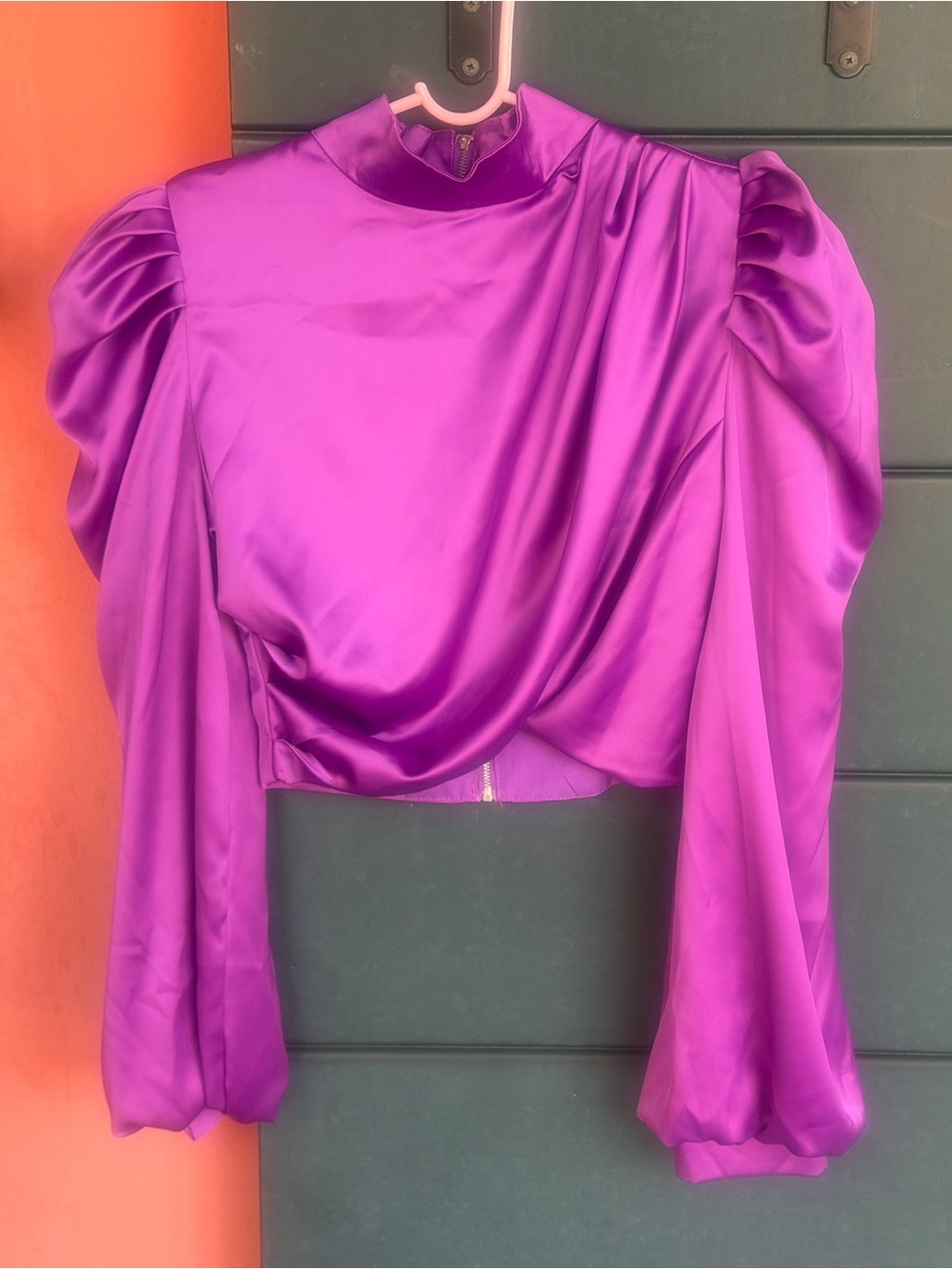 Satin Puff-Sleeve Crop Top Blouse in Vivid Purple - Picture 1 of 4